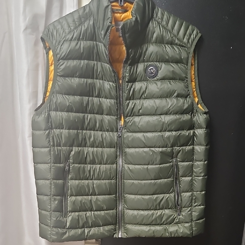 Michael Kors Olive Green Puffer Vest with Gold Lining